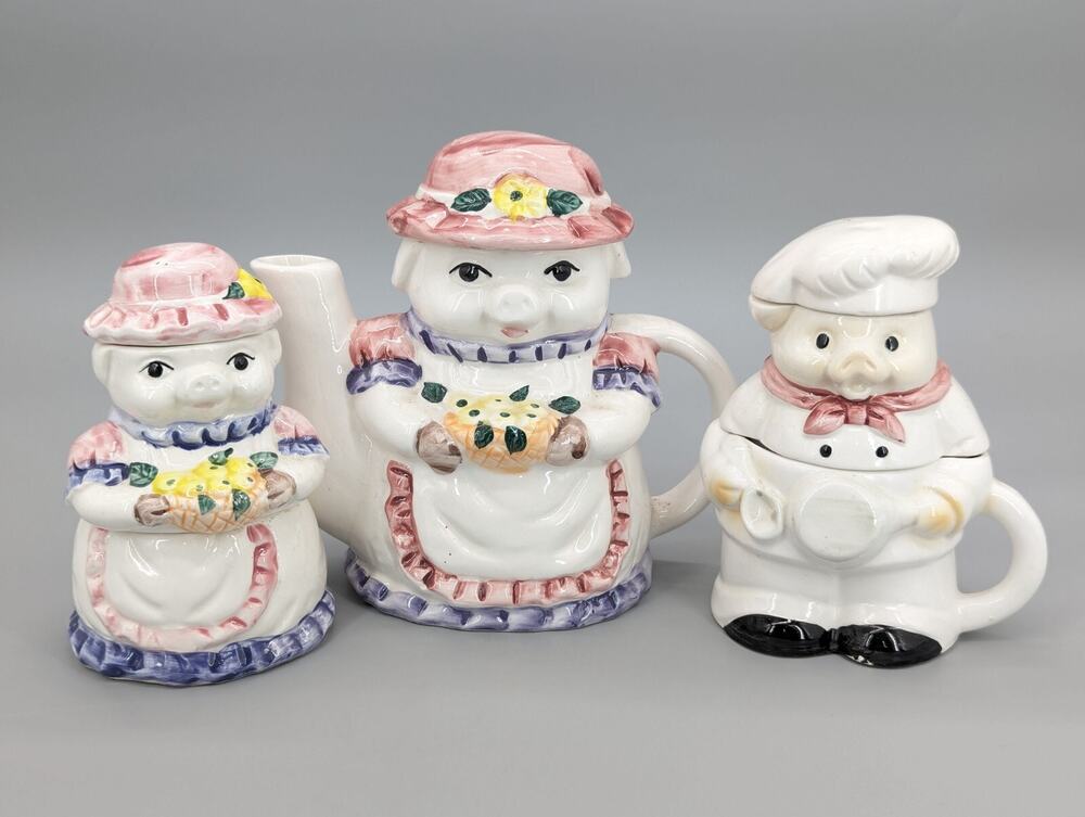 Anthropomorphic Ceramic Painted Pig & Flowers Tea Pot 6.5" & Cream Sugar Pigs